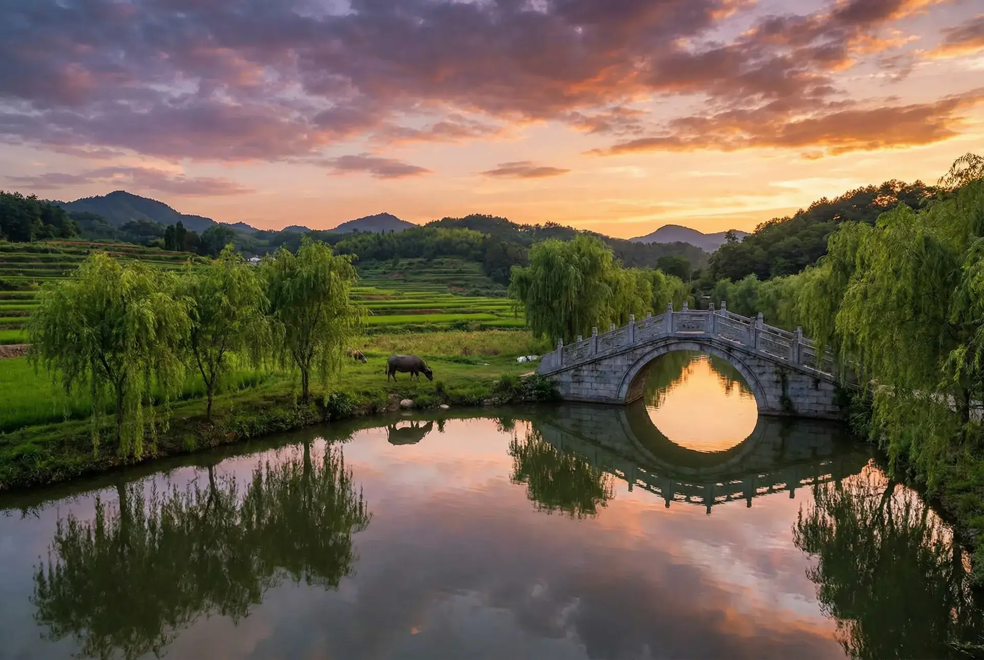 夕阳下的石拱桥与垂柳，水牛在河边吃草 - 法国啄木鸟 乡村美景